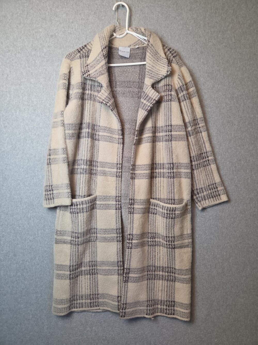 Cyrus Cream Gray Fuzzy Plaid LS Open Cardigan Coat Women's Lrg Pockets Stretch
